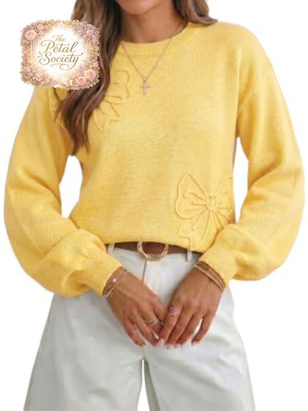 Women's Floral Print Lantern Sleeve Pullover Sweater Crew Neck Knit Top